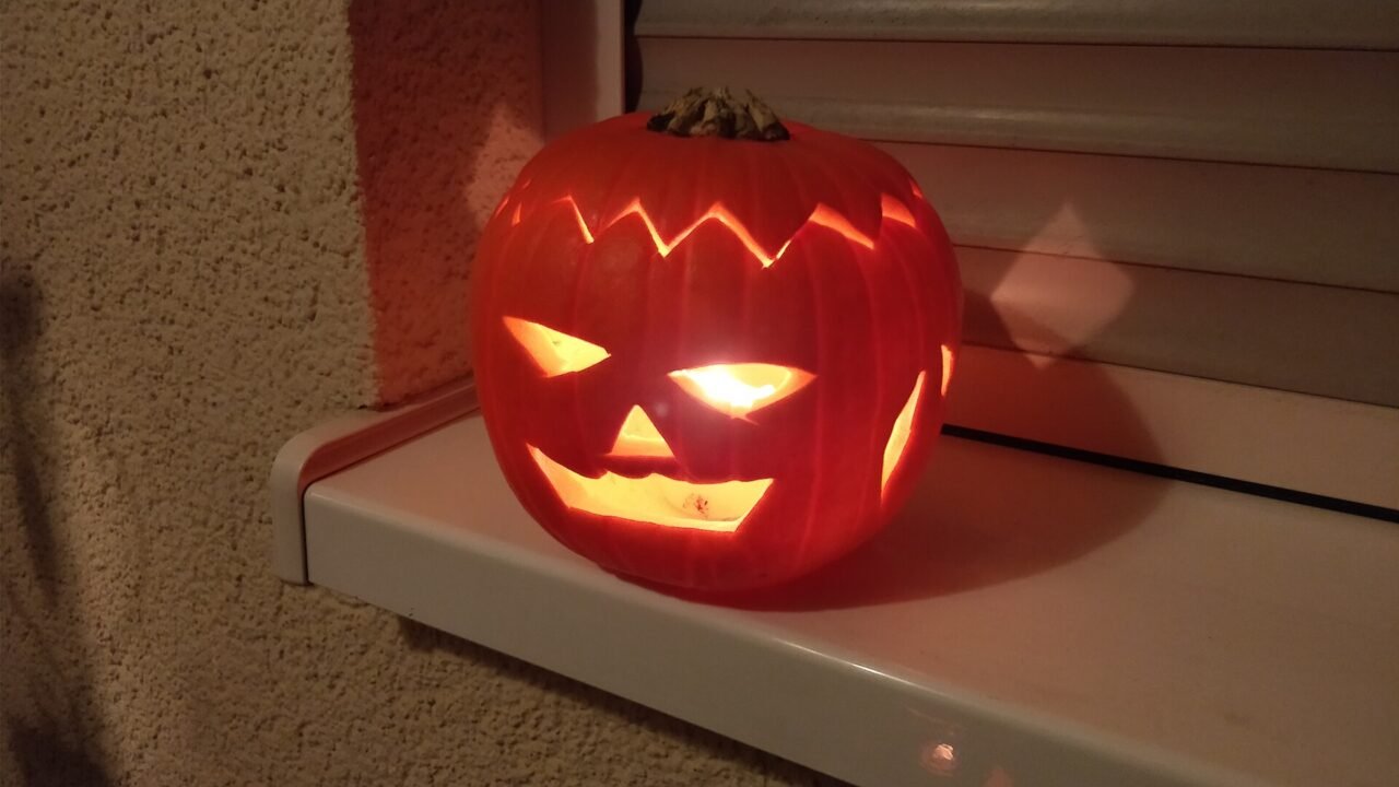A carved jack-o'-lantern