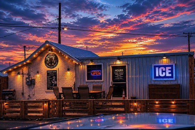 Mystery Shack Cigars & Coffee in Shallowater at sunset, a white brick and metal-sided building with string lights, lit OPEN and ICE neon signs and a wooden patio deck with chairs.